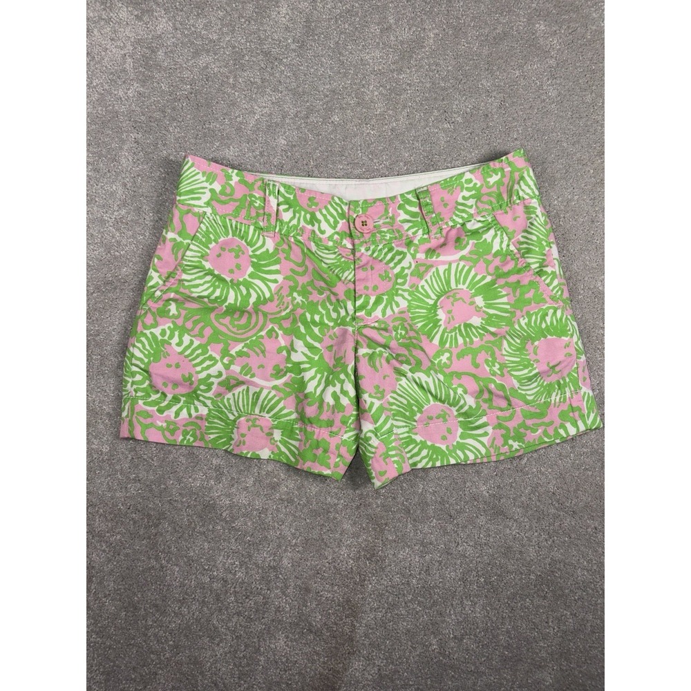 Lilly Pulitzer Callahan Shorts Women 0 Pink‎ Green Cotton Chino Sunnyside Lions